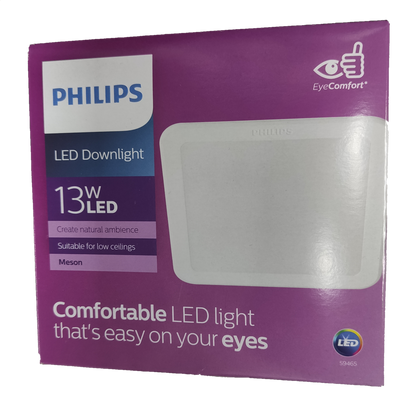 Philips 13W LED downlight 220V 140mm packaging showing comfortable LED light for low ceilings