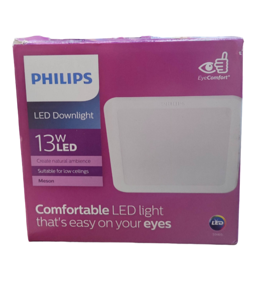 Philips 13W LED downlight 220V 140mm packaging showcasing comfortable LED light for low ceilings
