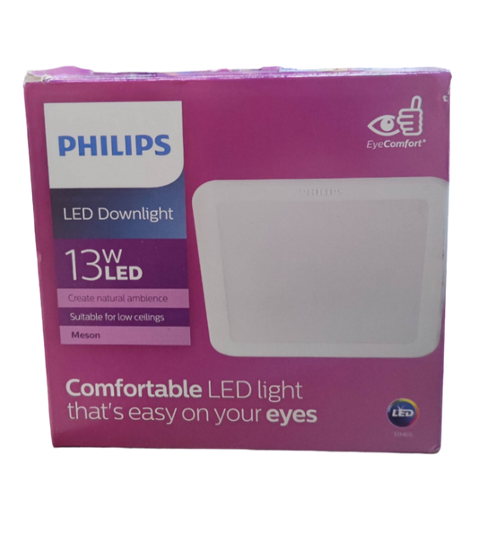 Philips 13W LED downlight 220V 140mm packaging showcasing comfortable LED light for low ceilings