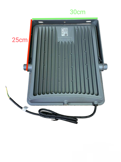 Back view of Philips 200W LED flood light with dimensions 30cm by 25cm and attached power cable