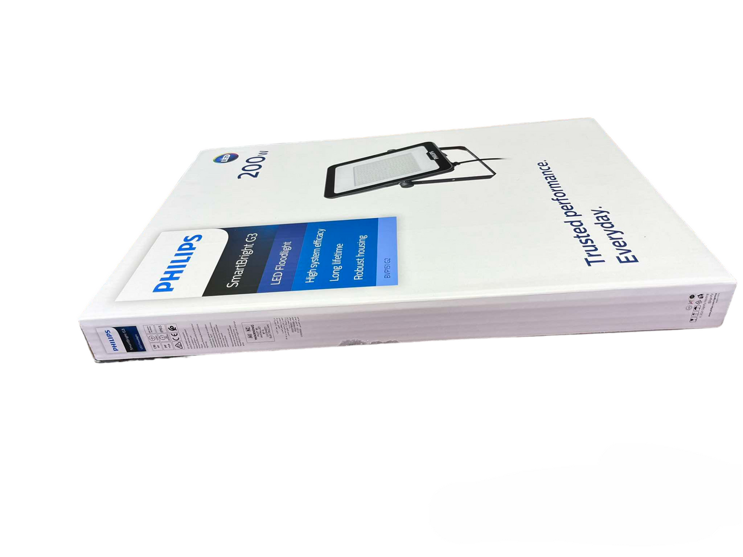 Box packaging of Philips 200W LED flood light for outdoor lighting with trusted performance