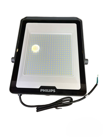Philips 200W LED flood light outdoor lighting fixture with black frame and visible LED bulbs