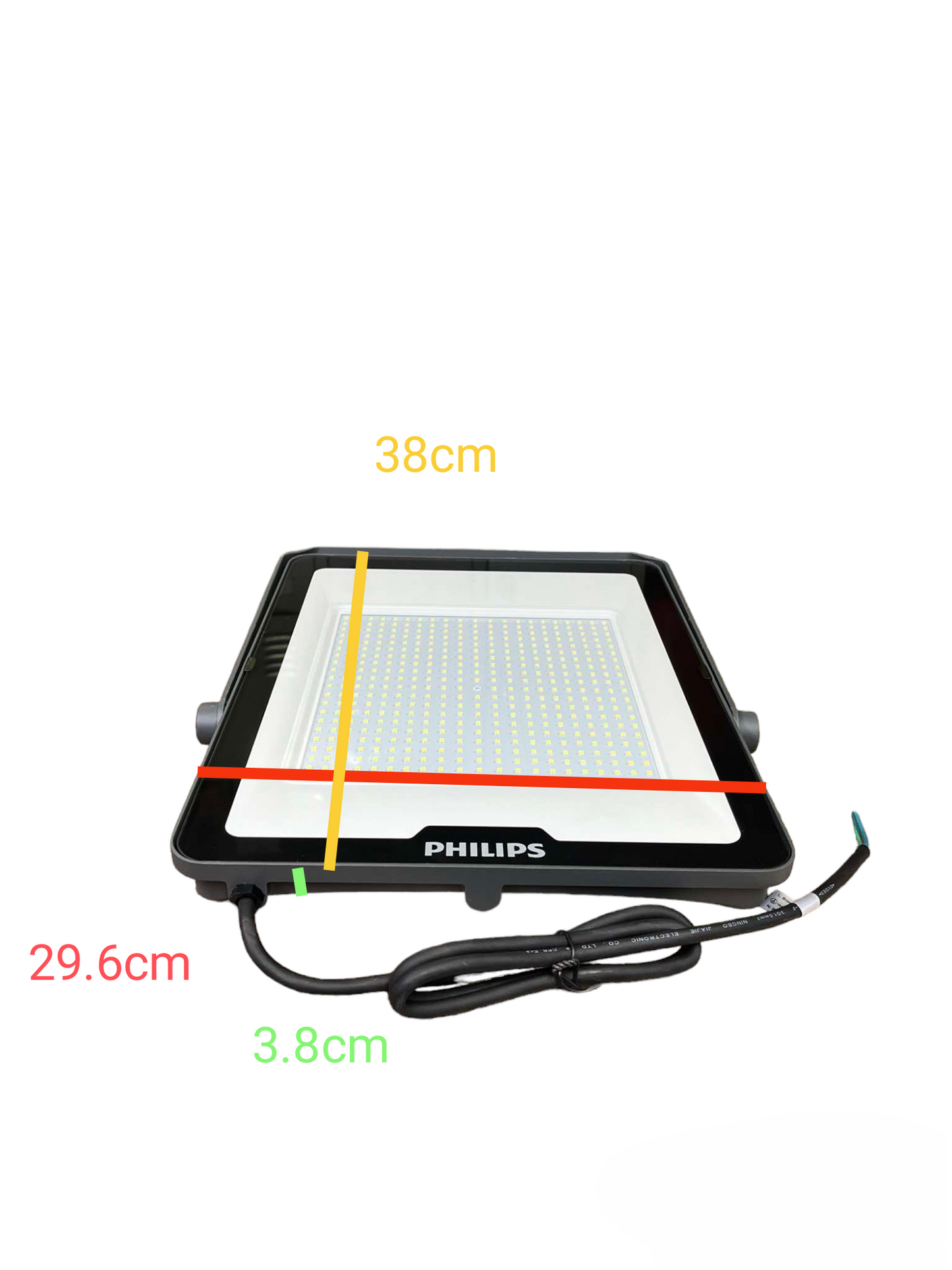 Philips 200W LED flood light with black frame and attached power cord, measuring 38cm by 29.6cm