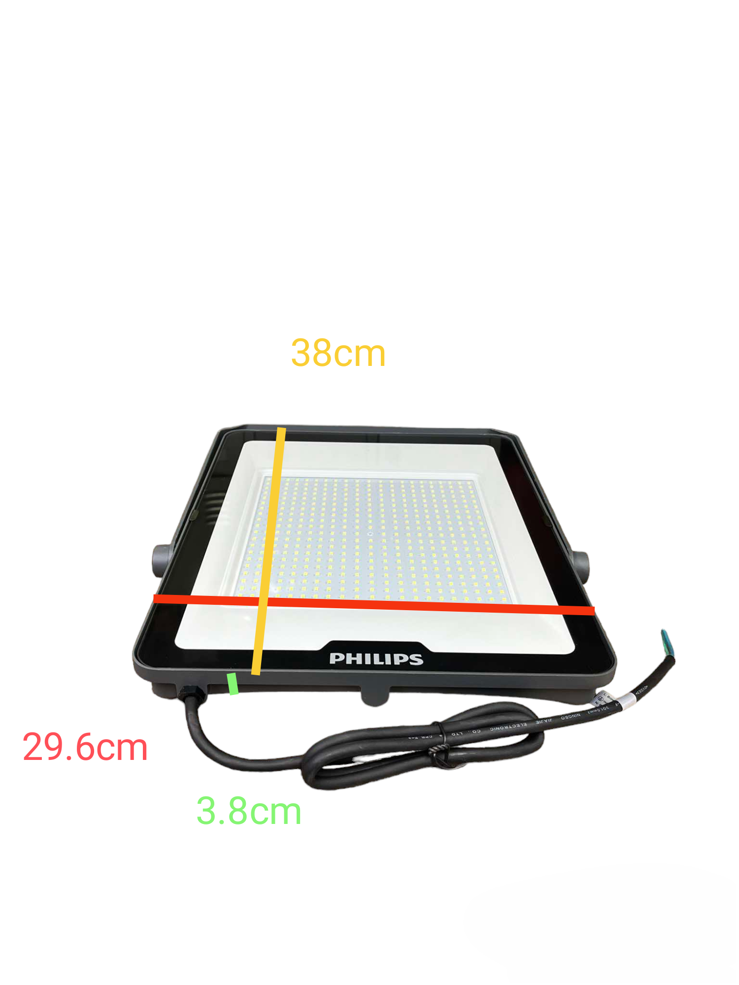 Philips 200W LED flood light with black frame and attached power cord, measuring 38cm by 29.6cm