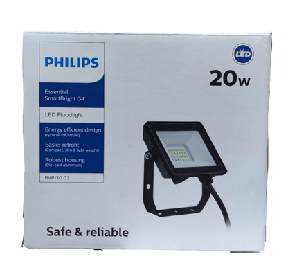 Philips 20W LED flood light 220V outdoor packaging showcasing energy efficient design and robust housing