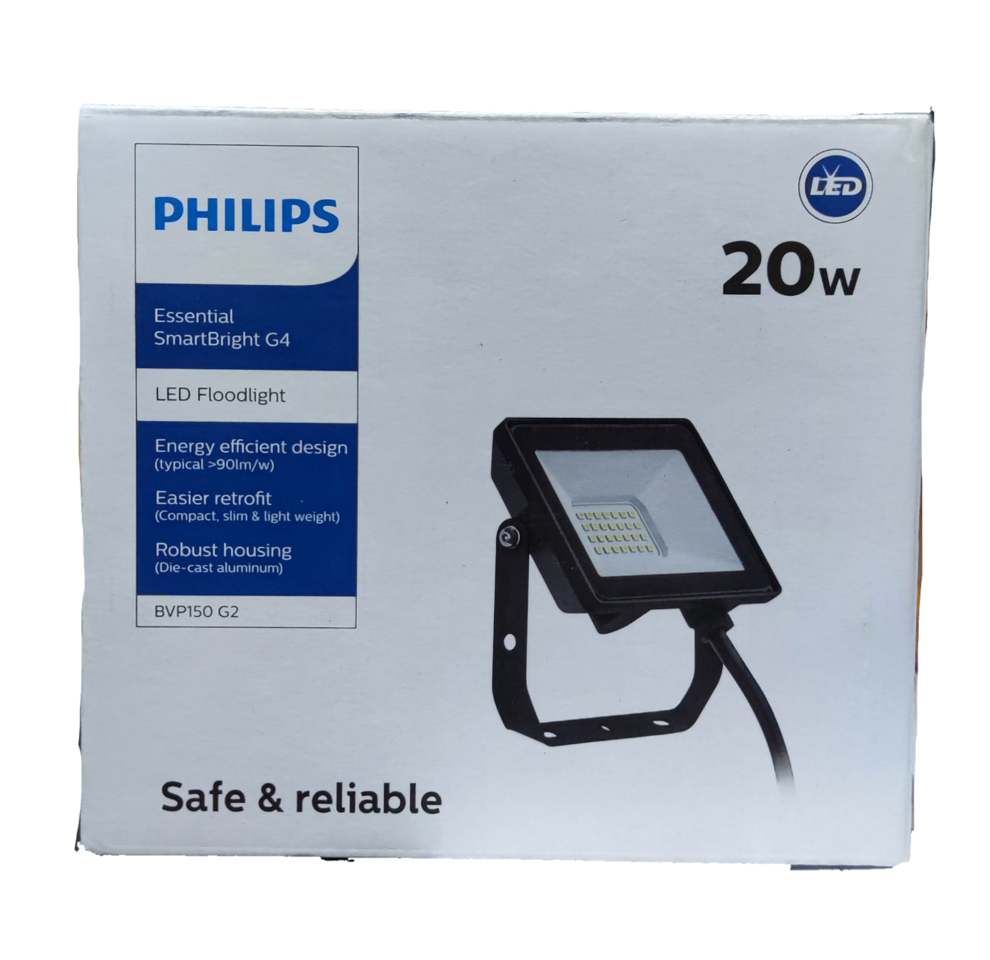 Philips 20W LED floodlight 220V 6500K Cool White box design showcasing energy-efficient features