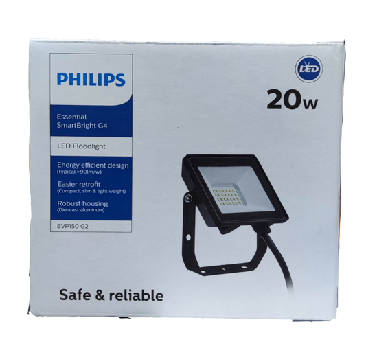 Philips 20W LED floodlight 220V 6500K Cool White box design showcasing energy-efficient features