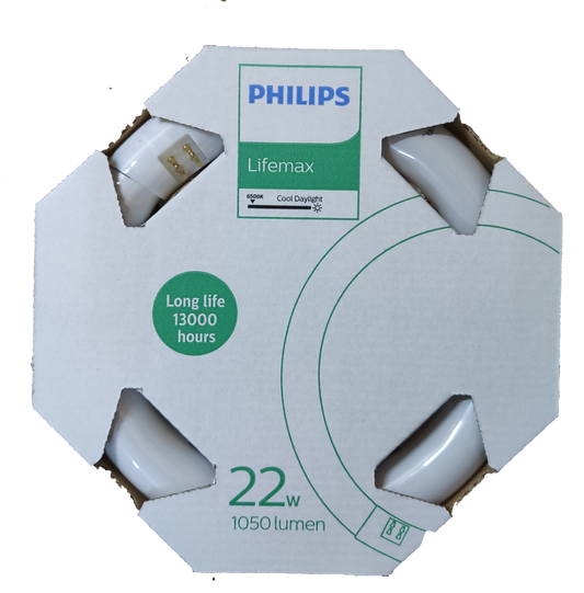 Philips Lifemax 22W Circular Tube Daylight 6500K in white octagonal retail box showing 22W 1050 lumen and long life