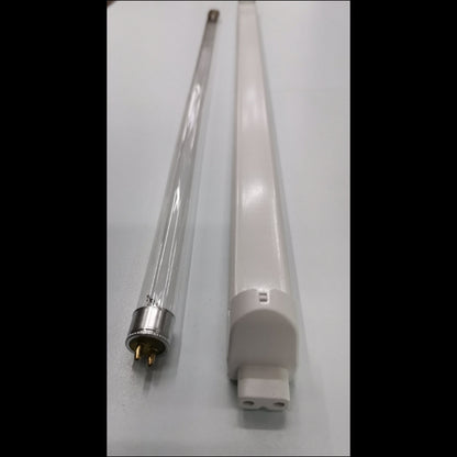 Philips 28W T5 UV-C germicidal tube alongside a standard fluorescent tube for germicidal applications