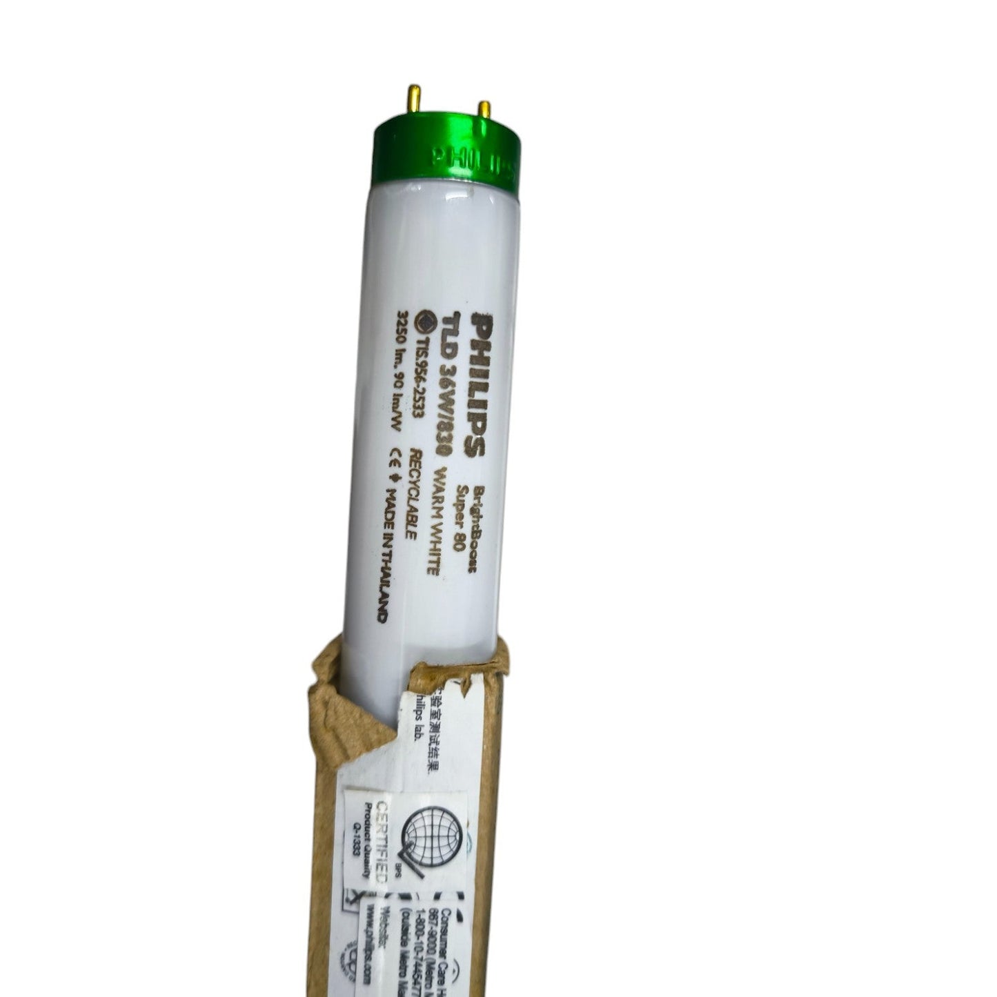 Philips 36W T8 Fluorescent Tube with green end cap in its packaging for energy-efficient lighting