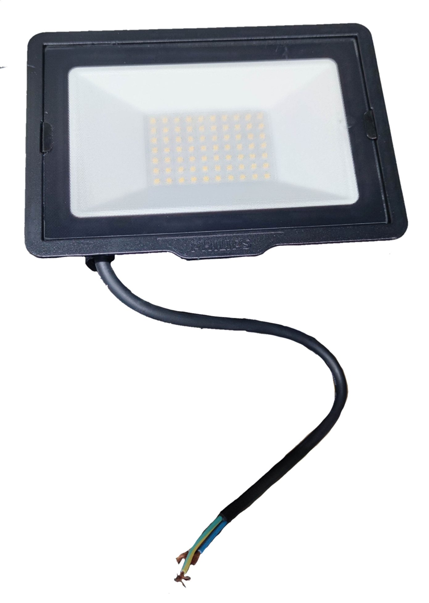 Philips 50W LED Floodlight 220V 4000K outdoor lighting with black frame and exposed wiring