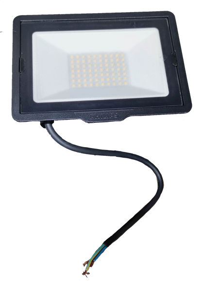 Philips 50W LED Floodlight 220V 4000K outdoor lighting with black frame and exposed wiring