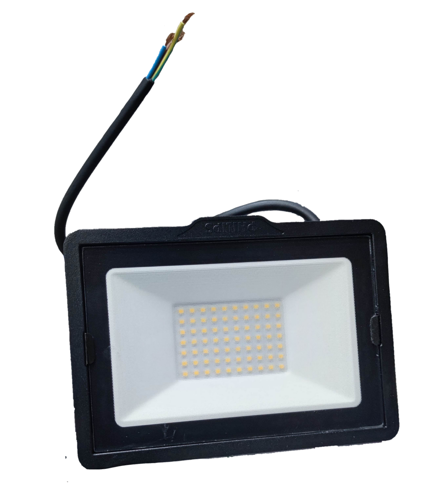 Philips 50W LED Floodlight 220V 4000K black outdoor lighting with exposed wiring