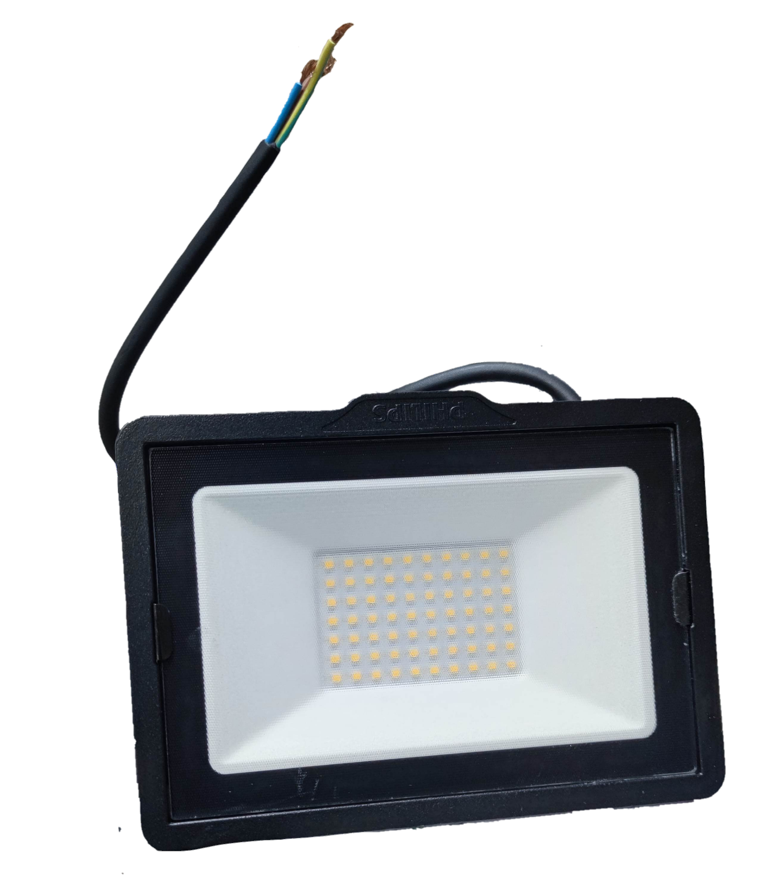 Philips 50W LED Floodlight 220V 4000K black outdoor lighting with exposed wiring