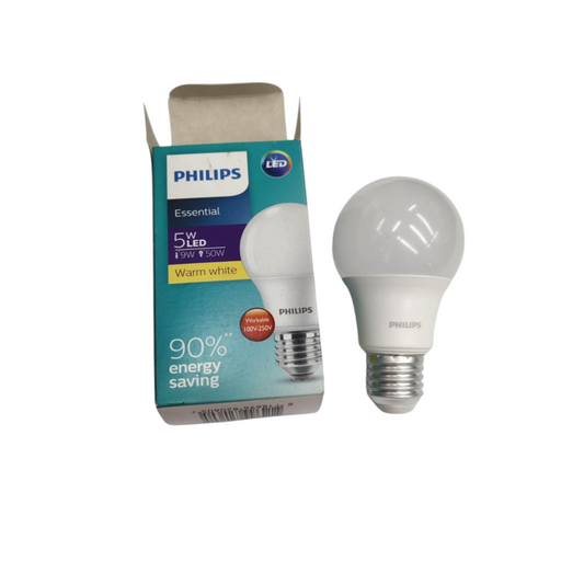 Philips 5W LED bulb E27 warm white in packaging, energy-efficient and ideal for home lighting