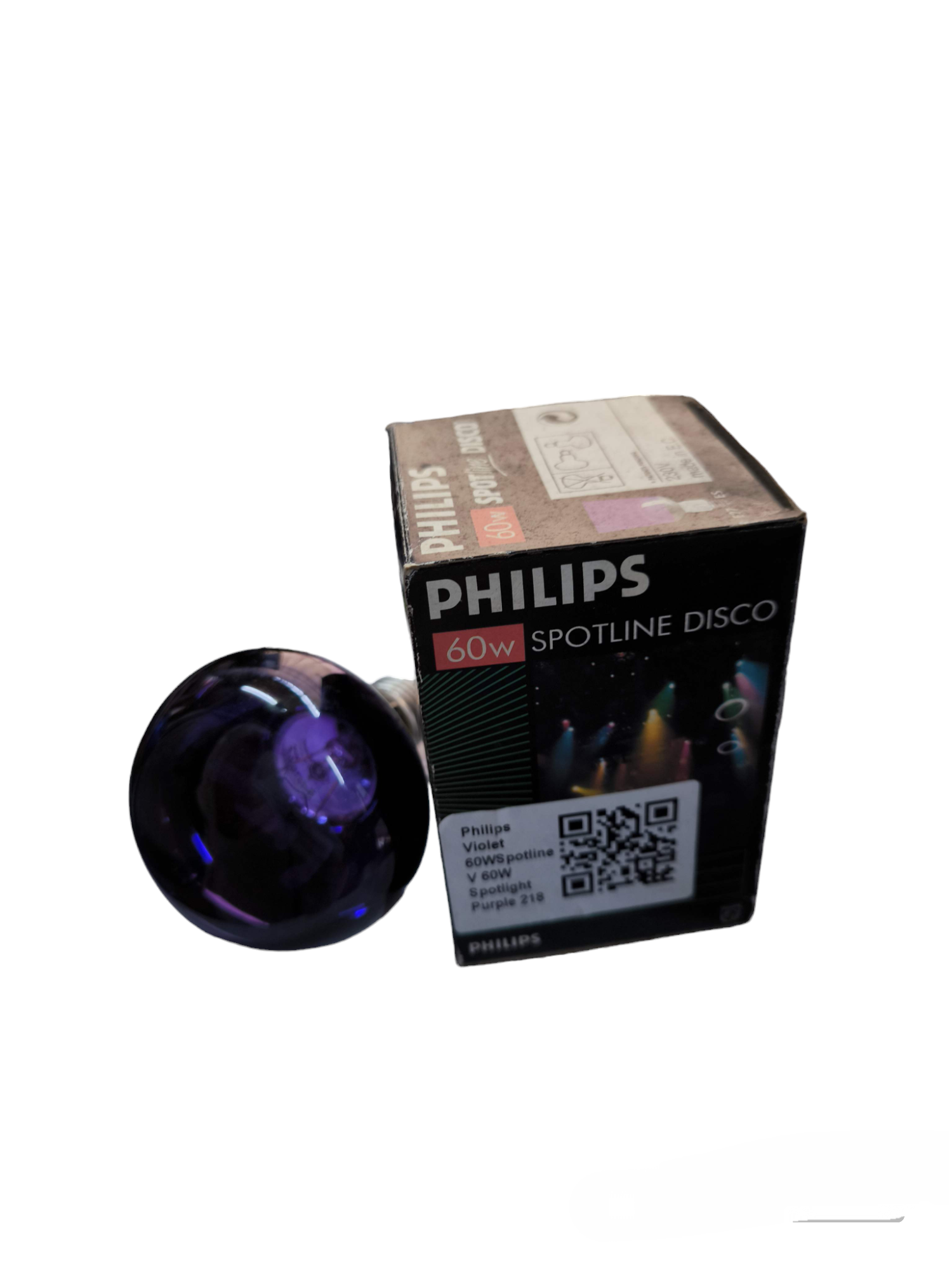 Philips 60W violet spotlight bulb with packaging box for incandescent spotlight disco lighting
