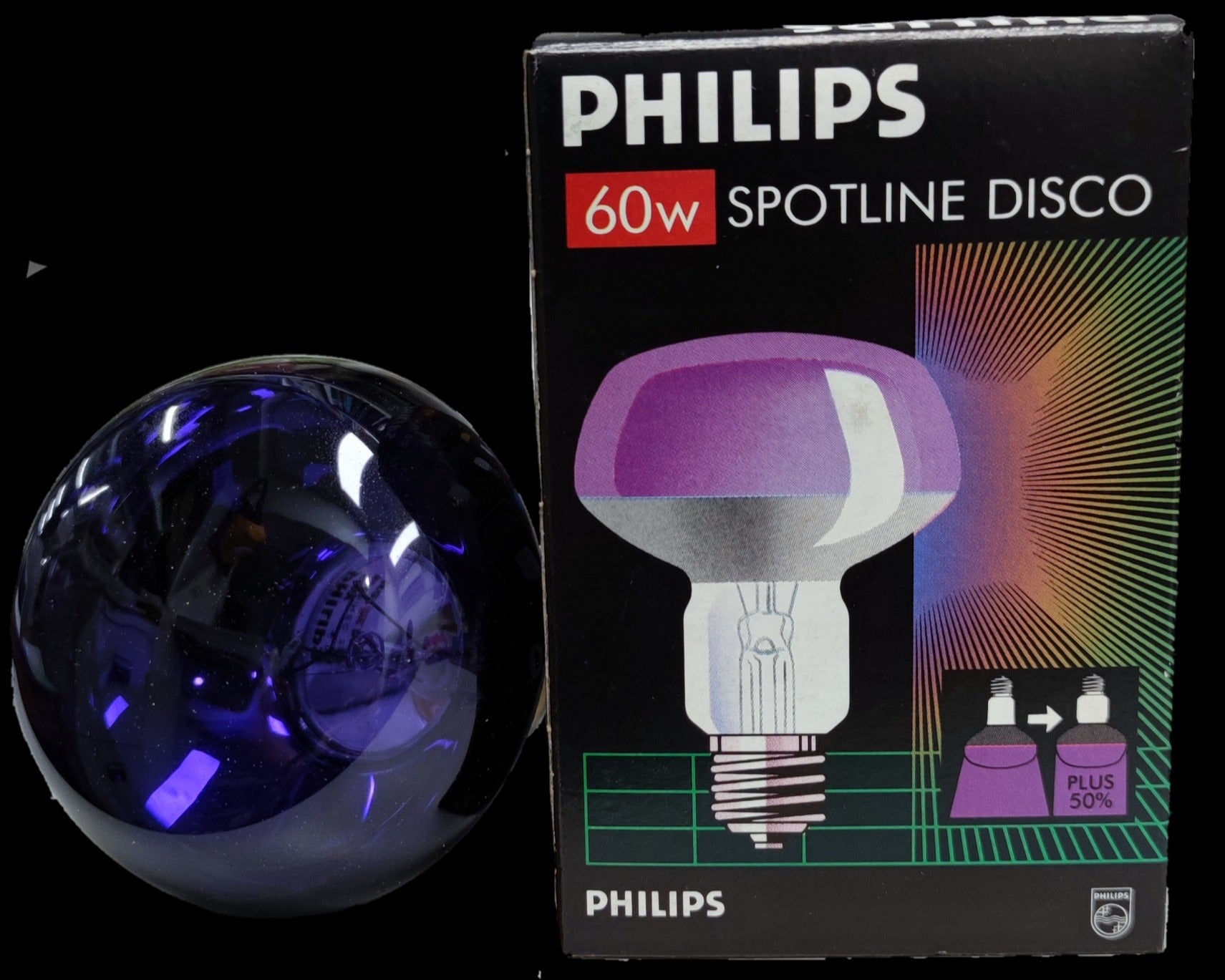 Philips 60W violet spotlight bulb with disco light effect and packaging box