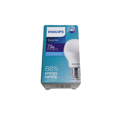Philips 7W LED bulb E27 daylight in packaging highlighting energy-saving features