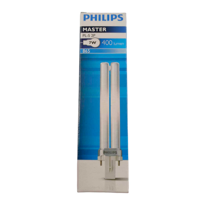 Philips 7W Pinlight Daylight G23 Socket compact fluorescent bulb packaging with two bulbs