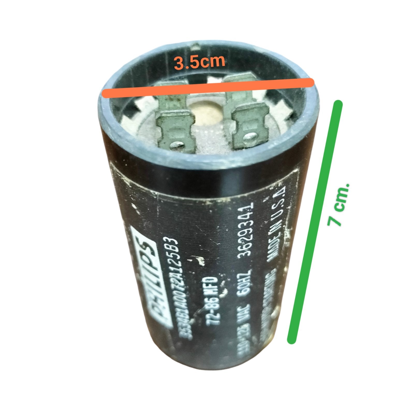 Philips Brand 72-86 MFD 110-125VAC electrical capacitor with metal terminals and black cylindrical body