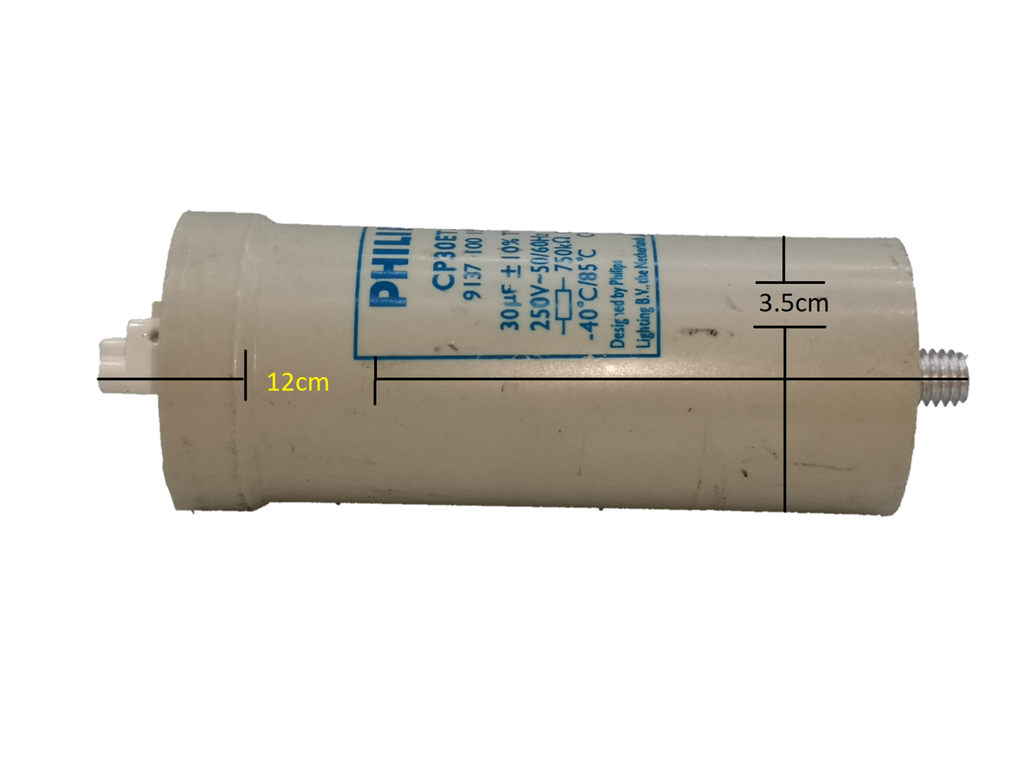 Philips Capacitor CP30ET28 30UF white cylindrical electrical component with size markings