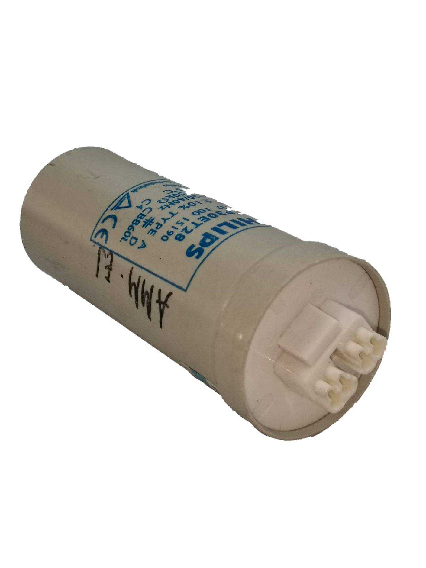 Philips Capacitor CP30ET28 30UF electrical component with cylindrical shape and connector pins