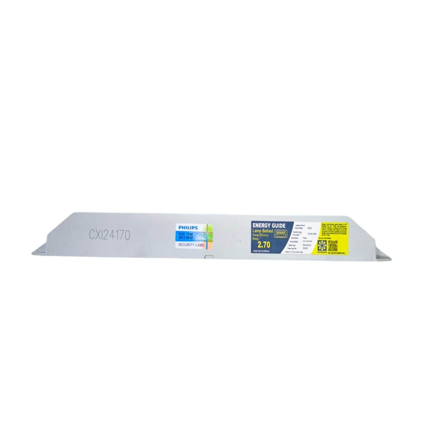 Philips electronic ballast 220V lighting accessory with energy guide label in white casing
