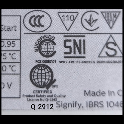 Close-up label showing certification marks and details on Philips electronic ballast 220V for lighting installation