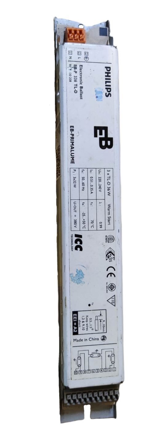 Philips Electronic Ballast 3x36W T-8 220V for fluorescent lighting with wiring diagram