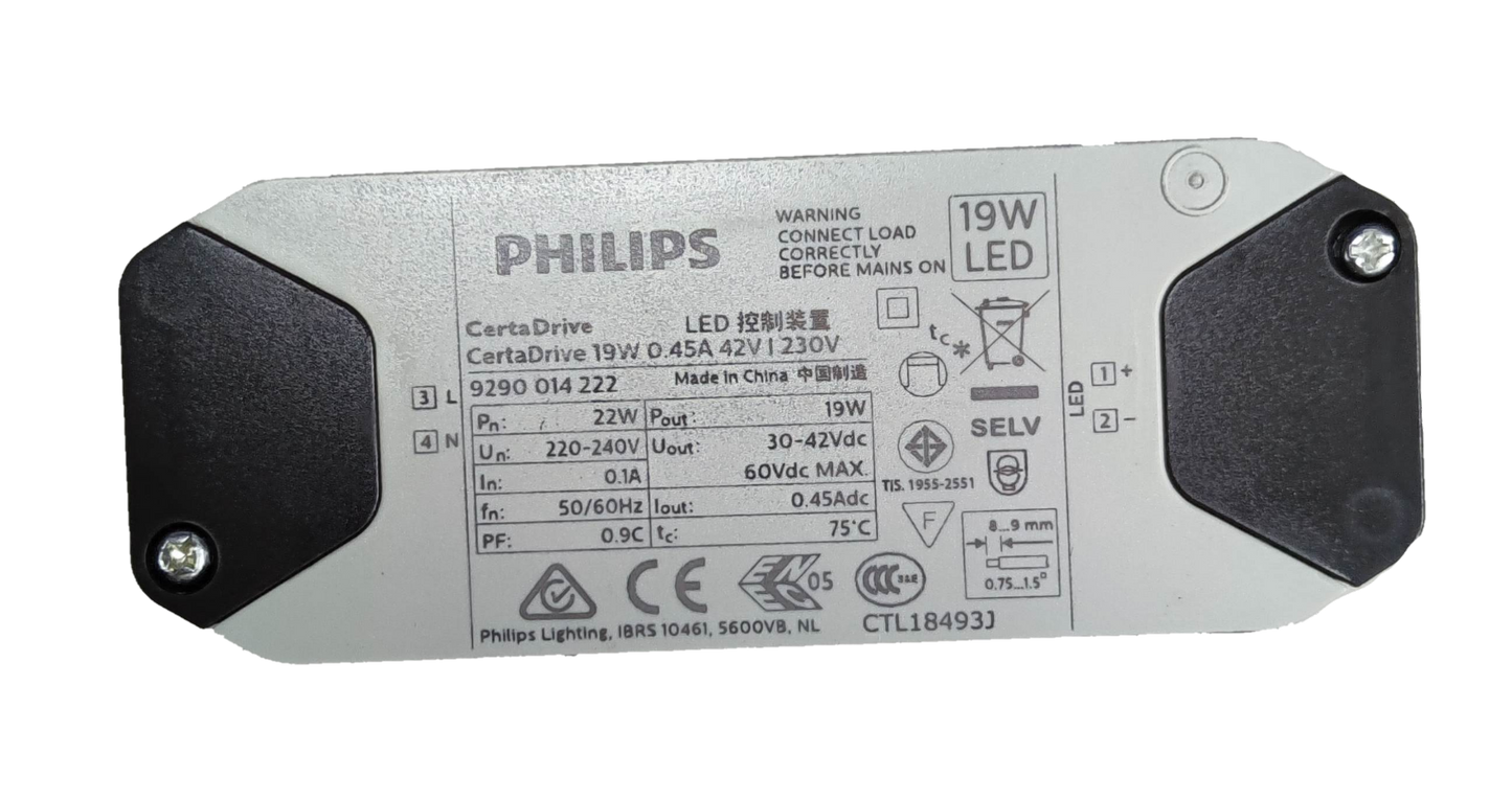 Philips CertaDrive LED driver 19W 42V for lighting with specifications on the back panel