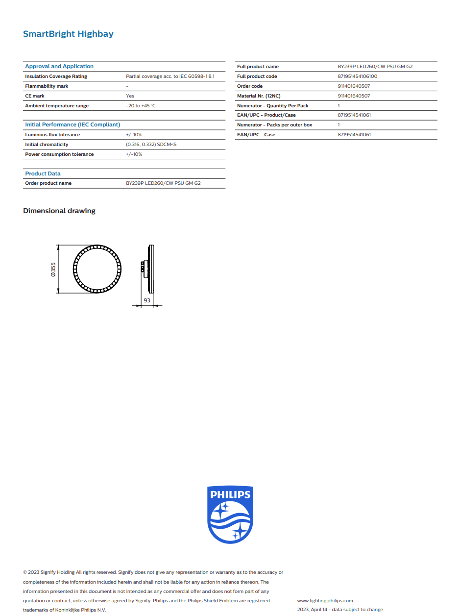 Philips LED high bay light 200W UFO Cool White technical specifications and dimensional drawing