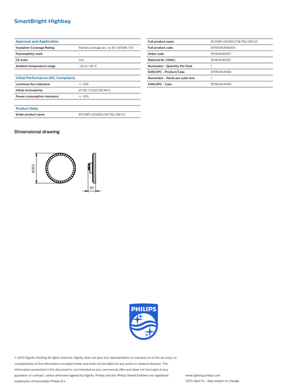 Philips LED high bay light 200W UFO Cool White technical specifications and dimensional drawing