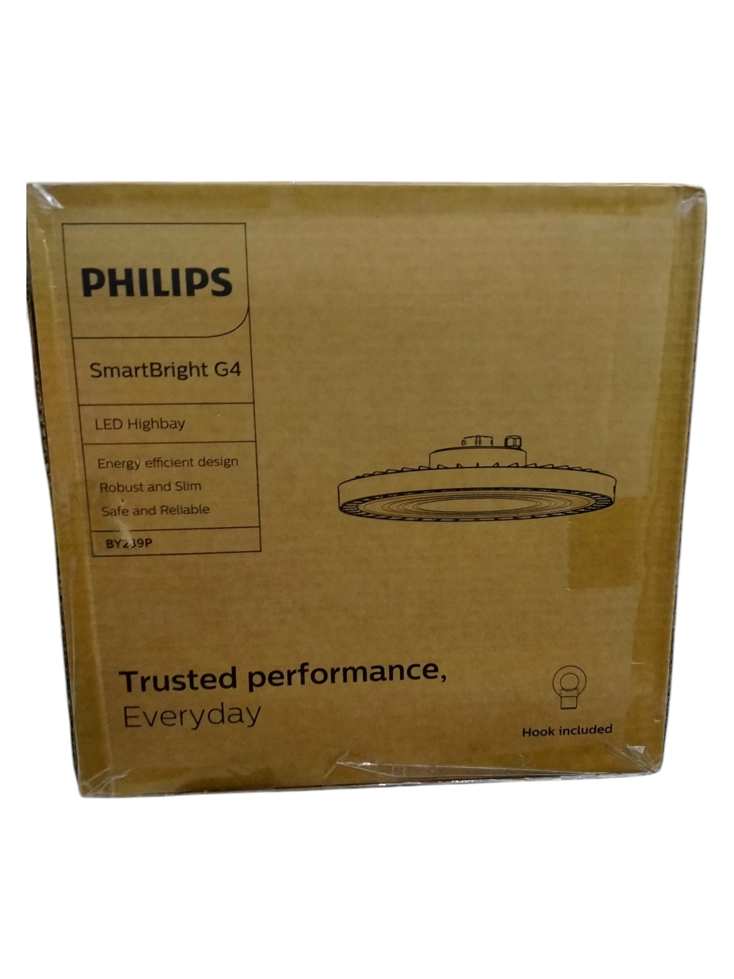 Philips LED high bay light 200W UFO Cool White in brown cardboard packaging box with product details