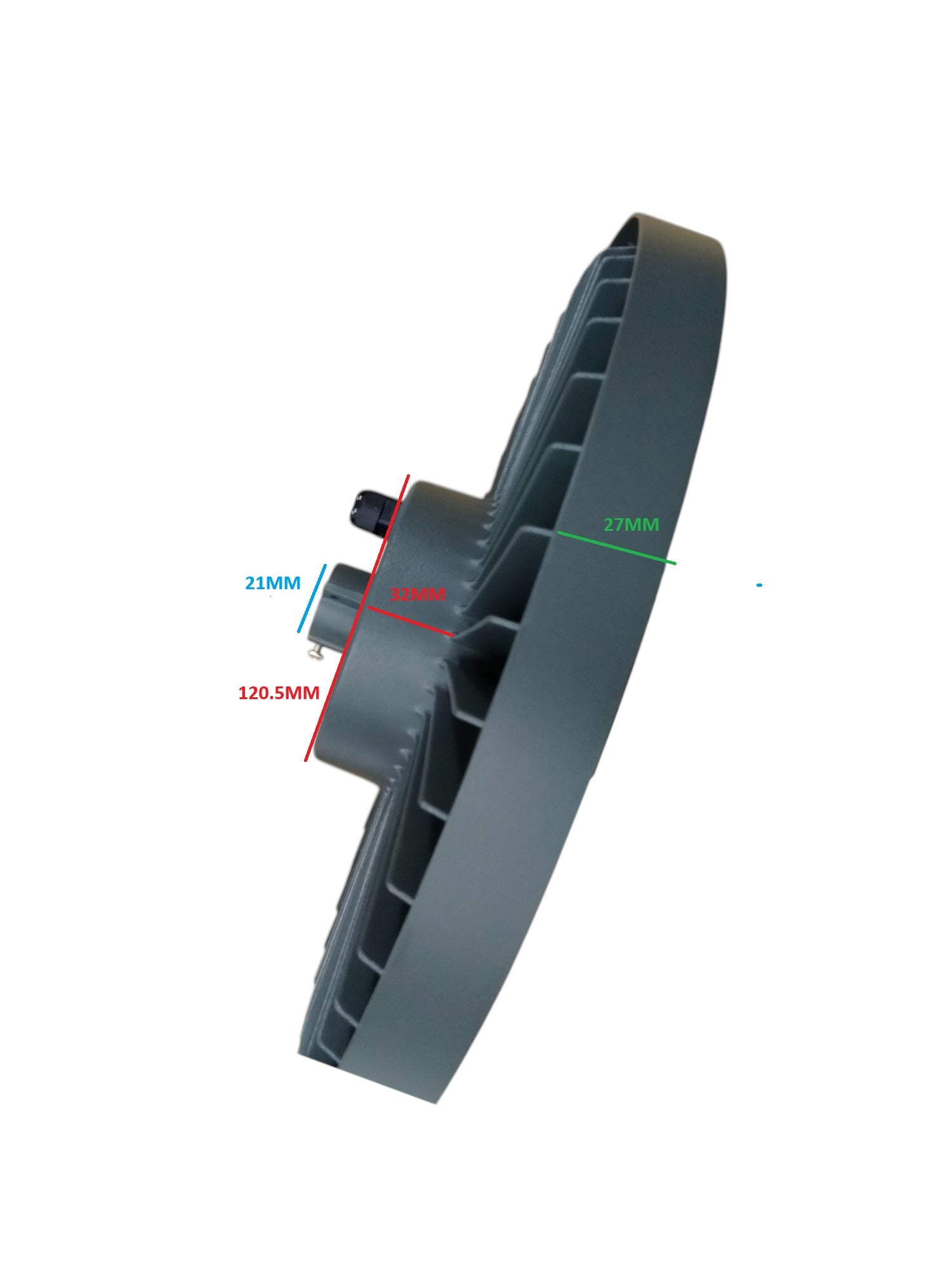 Side view of Philips LED high bay light 200W UFO Cool White showing detailed dimensions and cooling fins