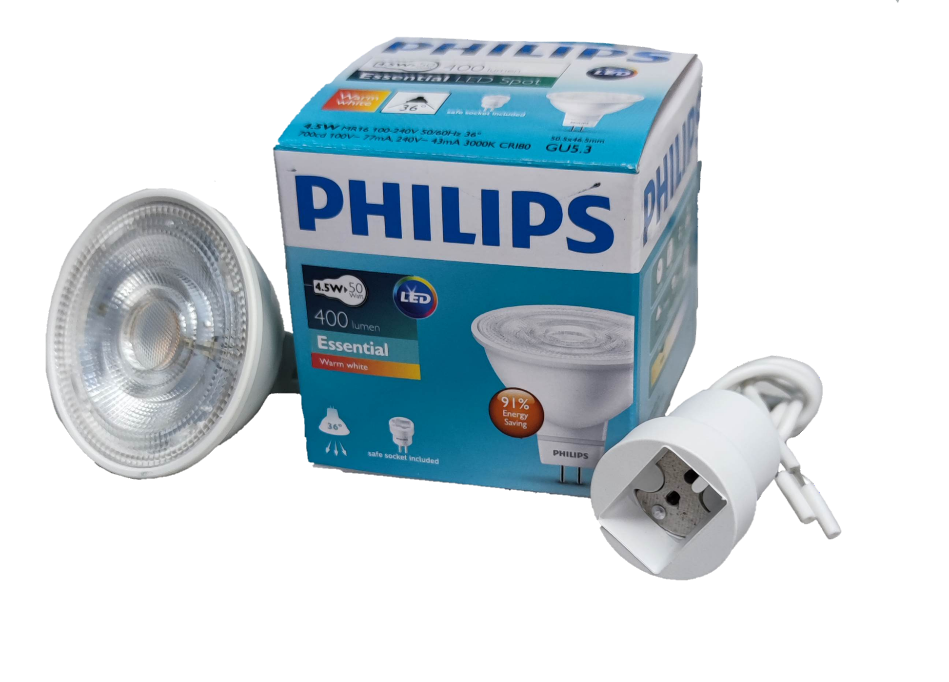 Philips MR16 LED bulb 4.5W warm white with packaging and bulb adapter shown on black background