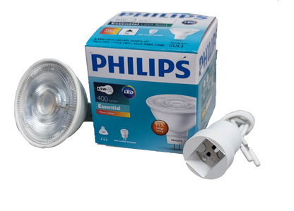 Philips MR16 LED bulb 4.5W warm white with packaging and bulb adapter shown on black background