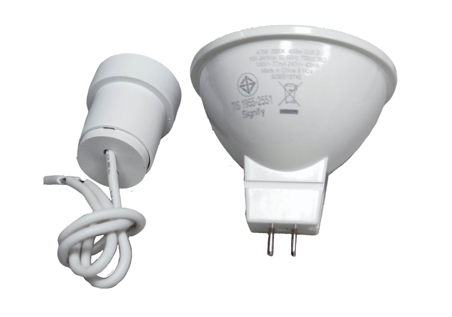 Philips MR16 LED bulb 4.5W warm white showing front and back views with two-pin base and attached wire