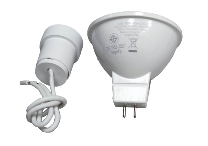 Philips MR16 LED bulb 4.5W warm white showing front and back views with two-pin base and attached wire