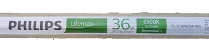 Philips 36W T8 fluorescent tube daylight packaging showing Lifemax 36W 6500K 2500 lumen label