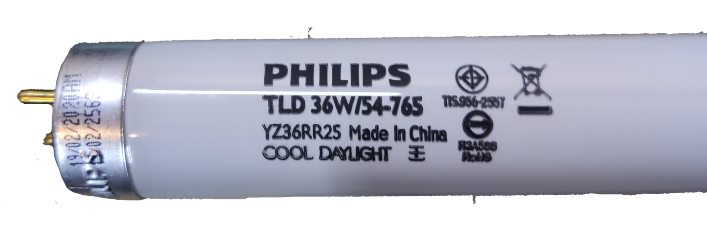 Close up of Philips 36W T8 fluorescent tube daylight. White T8 lamp end cap with printed Philips branding and specs