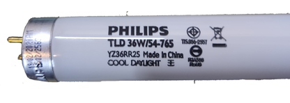 Close up of Philips 36W T8 fluorescent tube daylight. White T8 lamp end cap with printed Philips branding and specs
