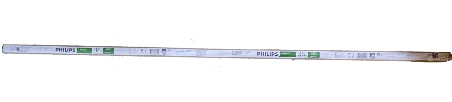 Philips 36W T8 fluorescent tube daylight single long glass tube on black background showing Philips branding and lamp ends