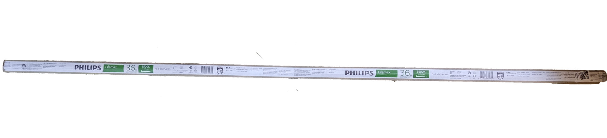 Philips 36W T8 fluorescent tube daylight single long glass tube on black background showing Philips branding and lamp ends