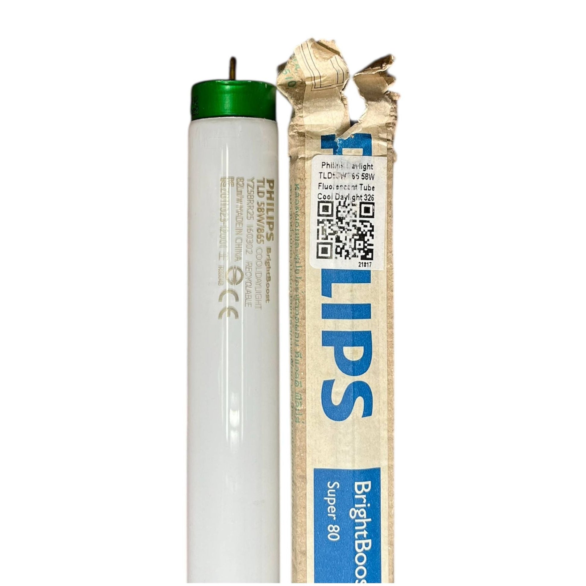 Philips T8 58W fluorescent tube with green end cap beside original Philips BrightBoost packaging