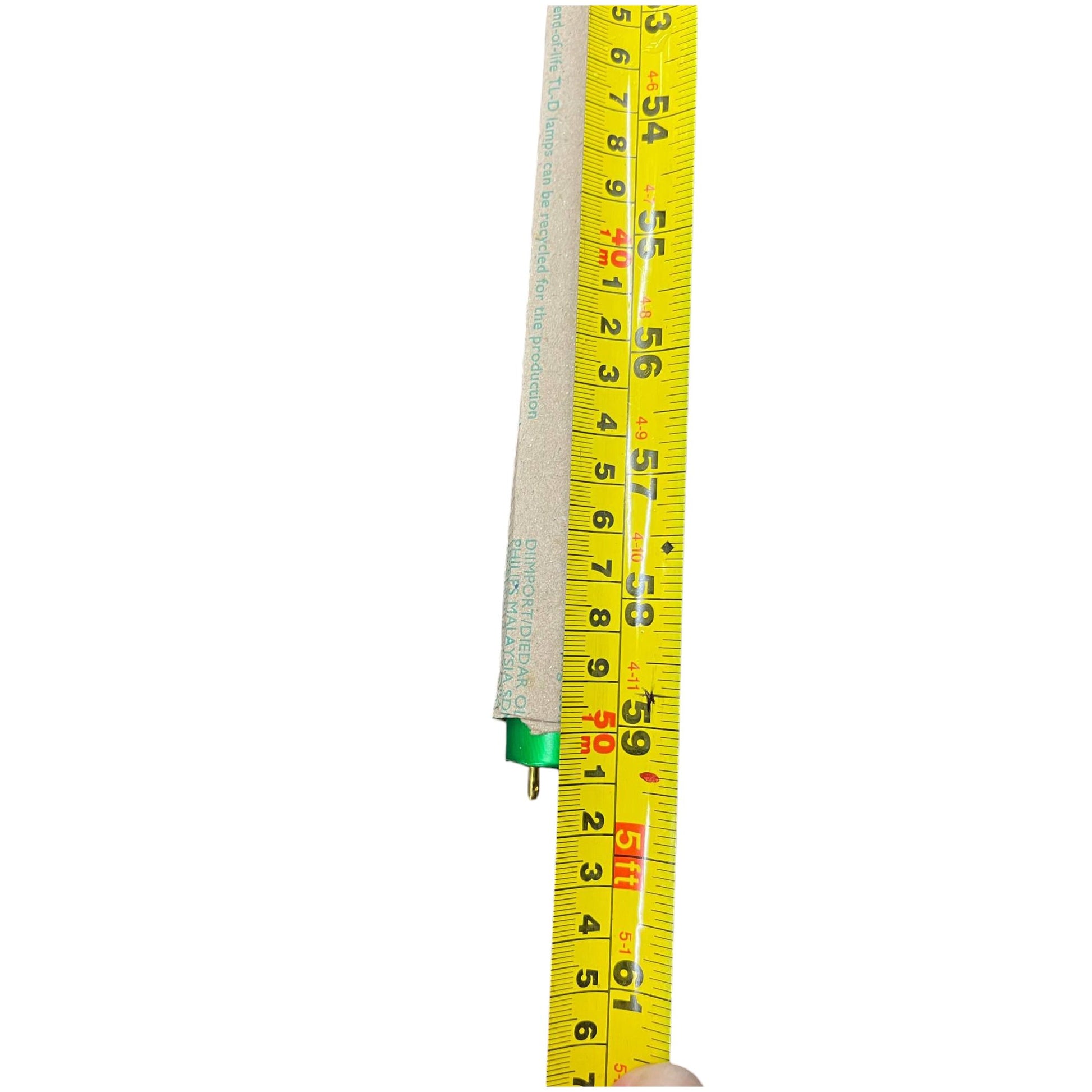 Philips T8 58W fluorescent tube next to yellow measuring tape showing length for accurate sizing