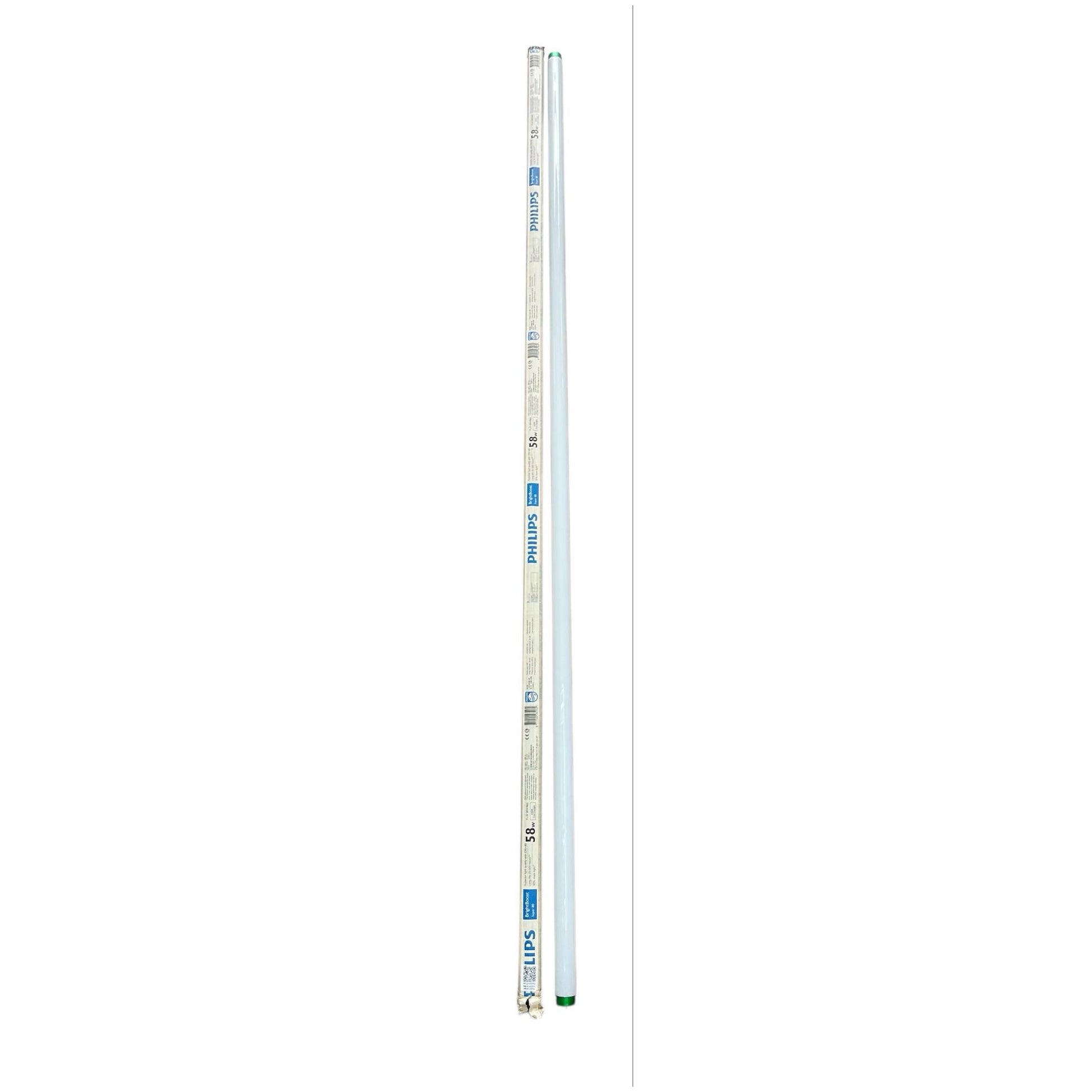 Philips T8 58W fluorescent tube with packaging showing brand and wattage details