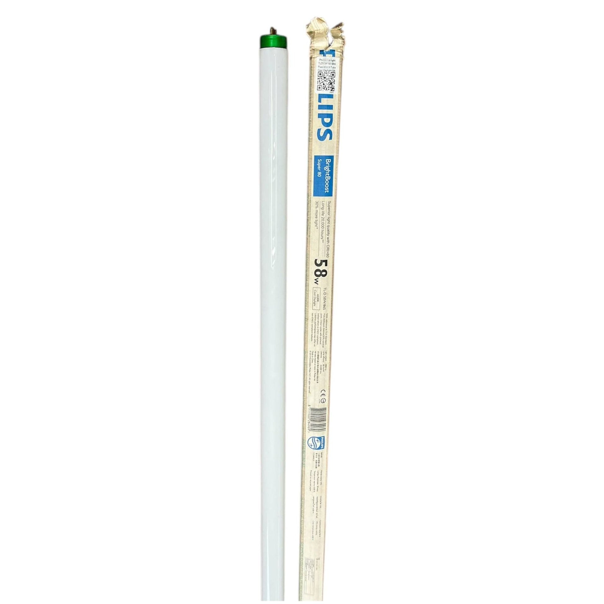 Philips T8 58W fluorescent tube with green end cap and original packaging for lighting