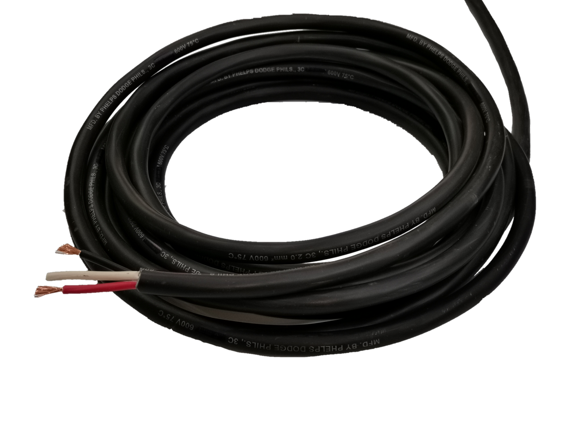 Phelps Dodge 3 core 5.5mm royal cord black electrical wire with exposed copper ends coiled neatly