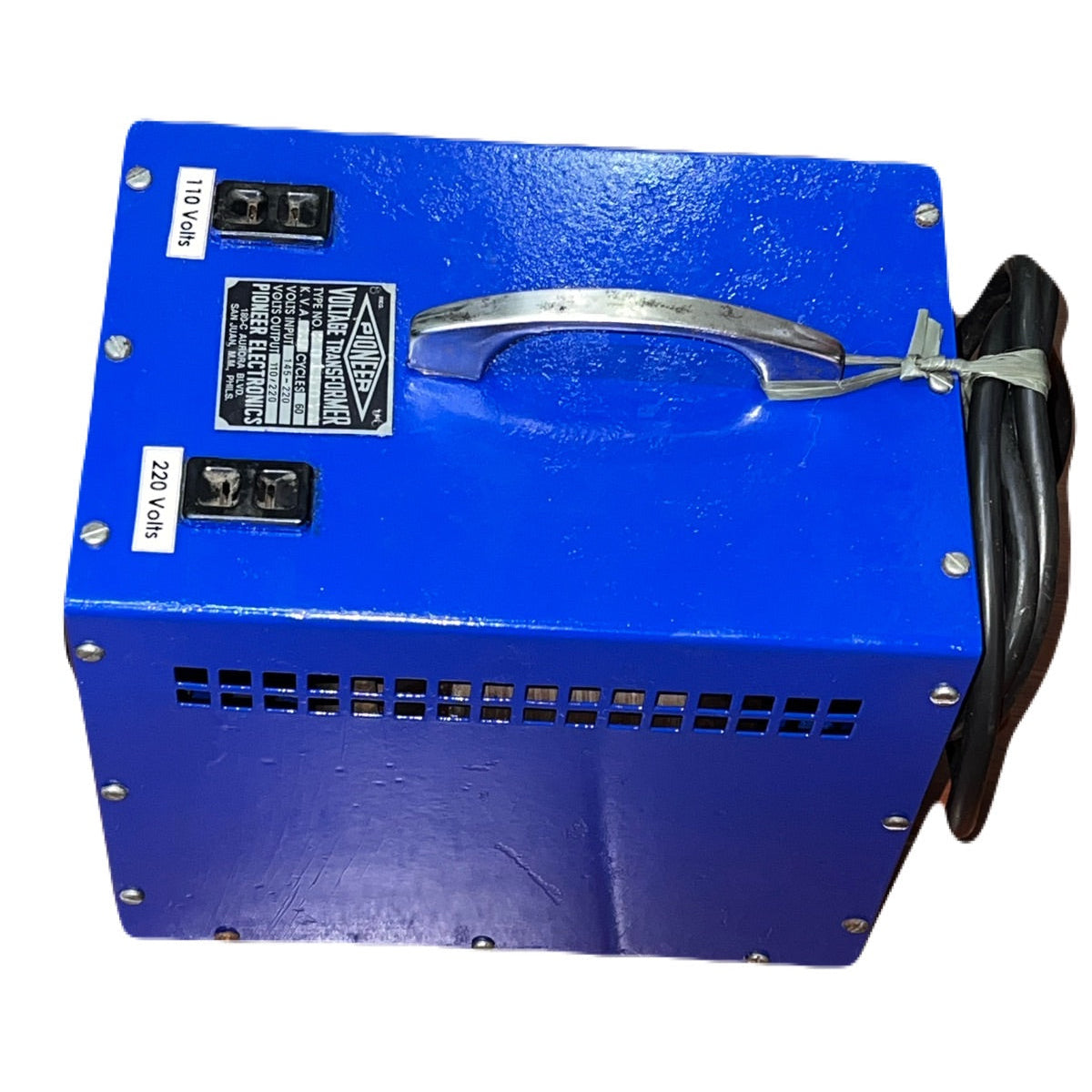 Blue PIONEER step up step down transformer with metal handle and power cord for electrical use