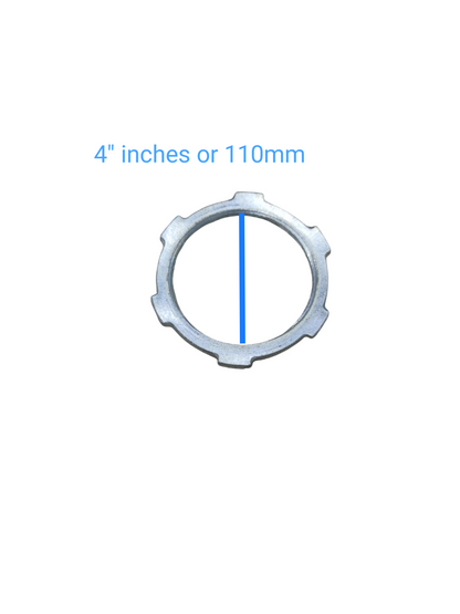 Locknut for RSC Pipe 110mm galvanized steel ring locknut with external tabs shown against white background